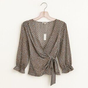 #006 MAX STUDIO | NWT | Green Gold & White Tie Front Patterned Blouse - Large